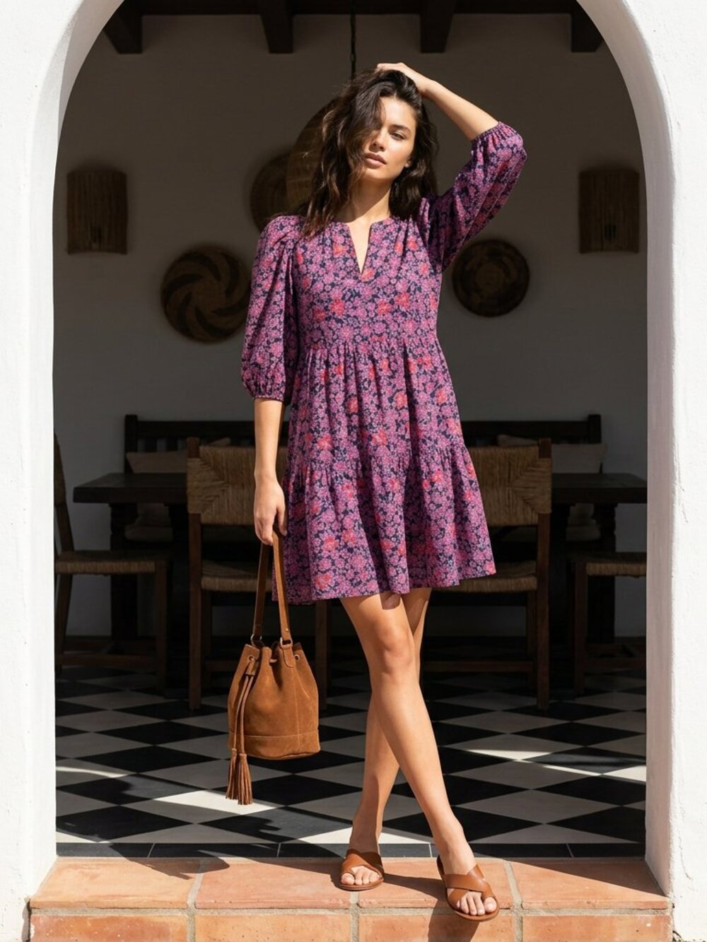 Sundry for Evereve Floral Tiered Mini Dress Size 1 Navy Pink — EUC